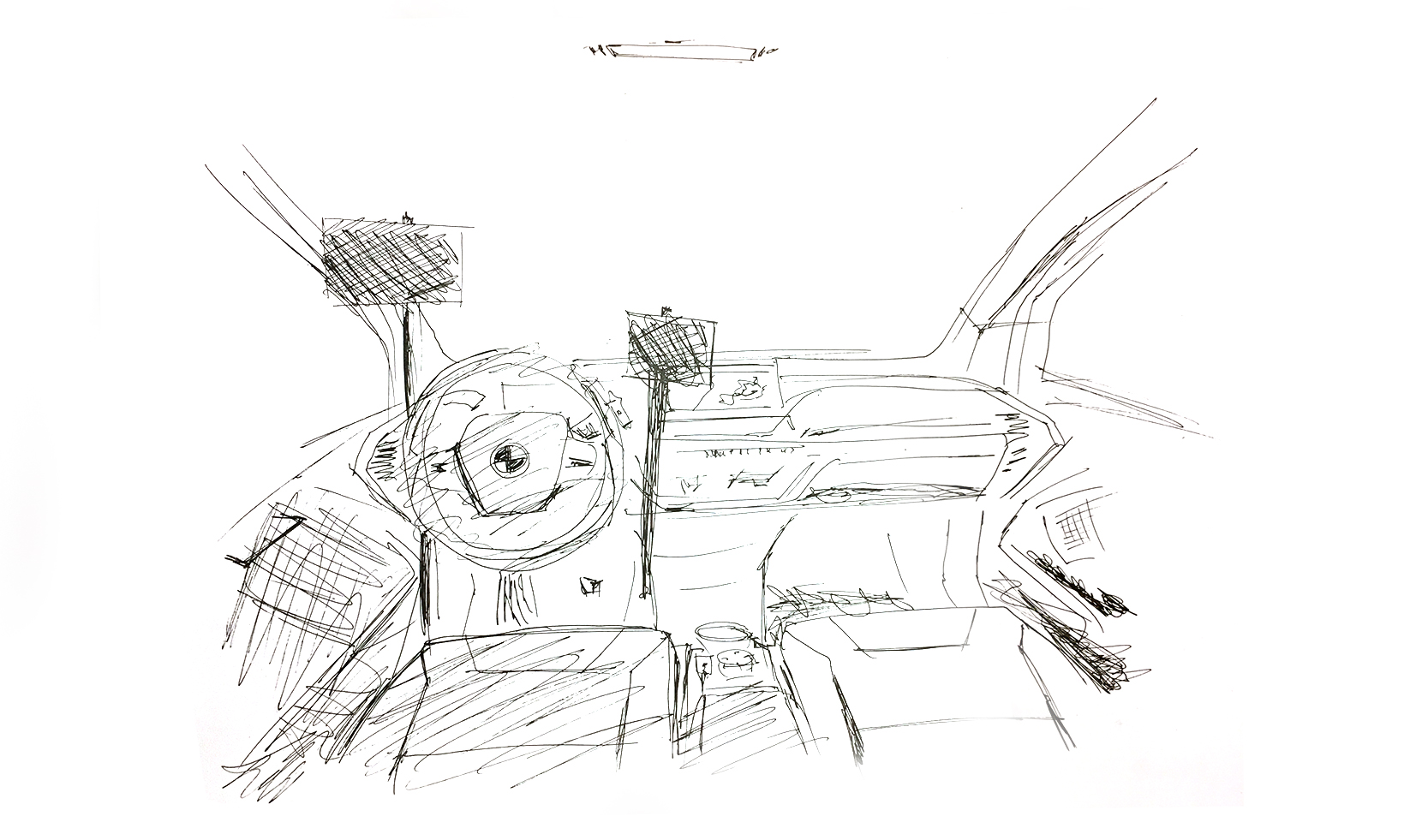A concept sketch showing the interior with prototyping elements like hooked in screens.
